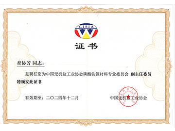 無(wú)機鹽工業(yè)協(xié)會(huì )磷酸鐵鋰行業(yè)專(zhuān)業(yè)委員會(huì )副主任委員證書(shū)